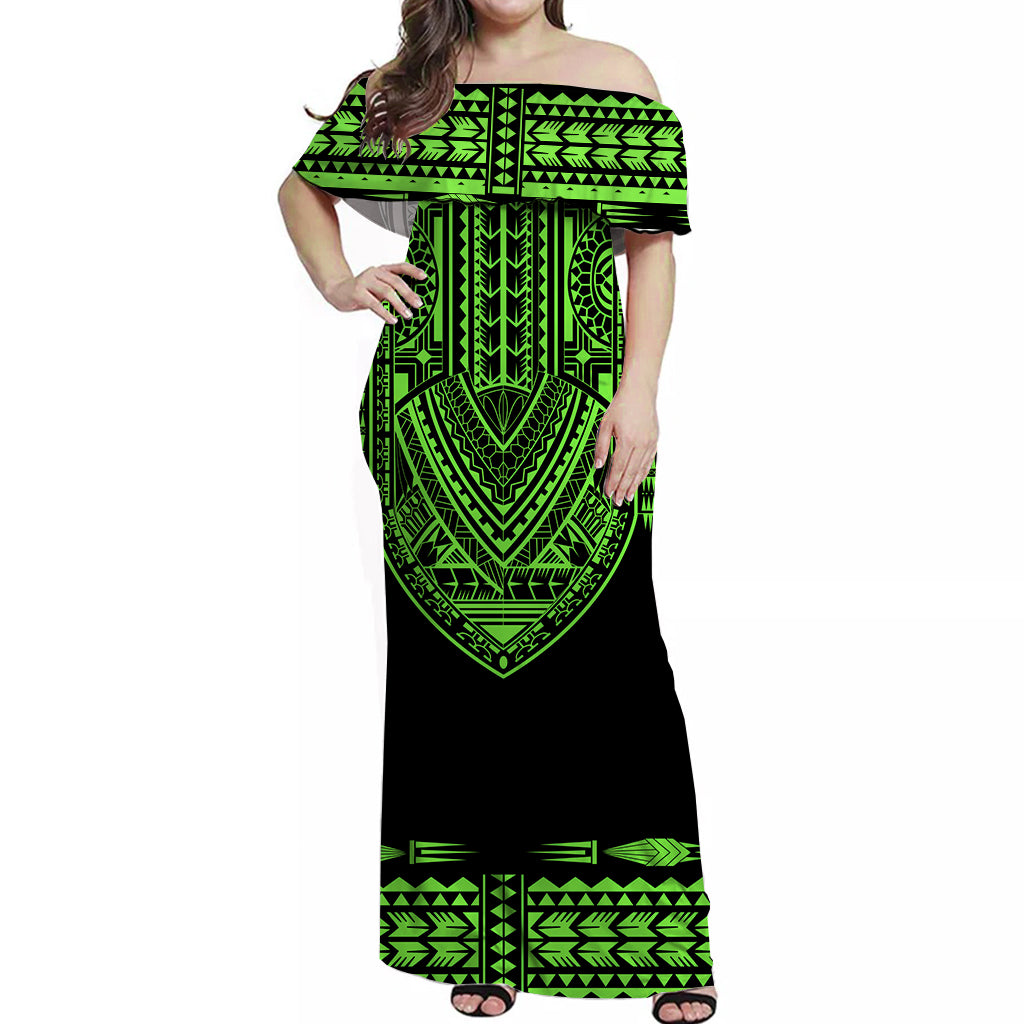 Custom Personalised Polynesian Off Shoulder Long Dress Dashiki With Polynesian Tattoo Royal Green Version