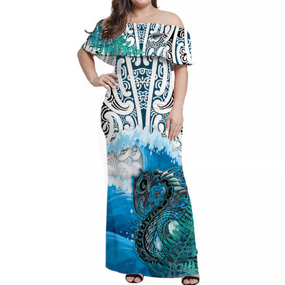 (Custom Personalised) Matching Outfits For Couples Manaia Maori Combo Dress and Hawaiian Shirt Fern Aotearoa Blue Waves