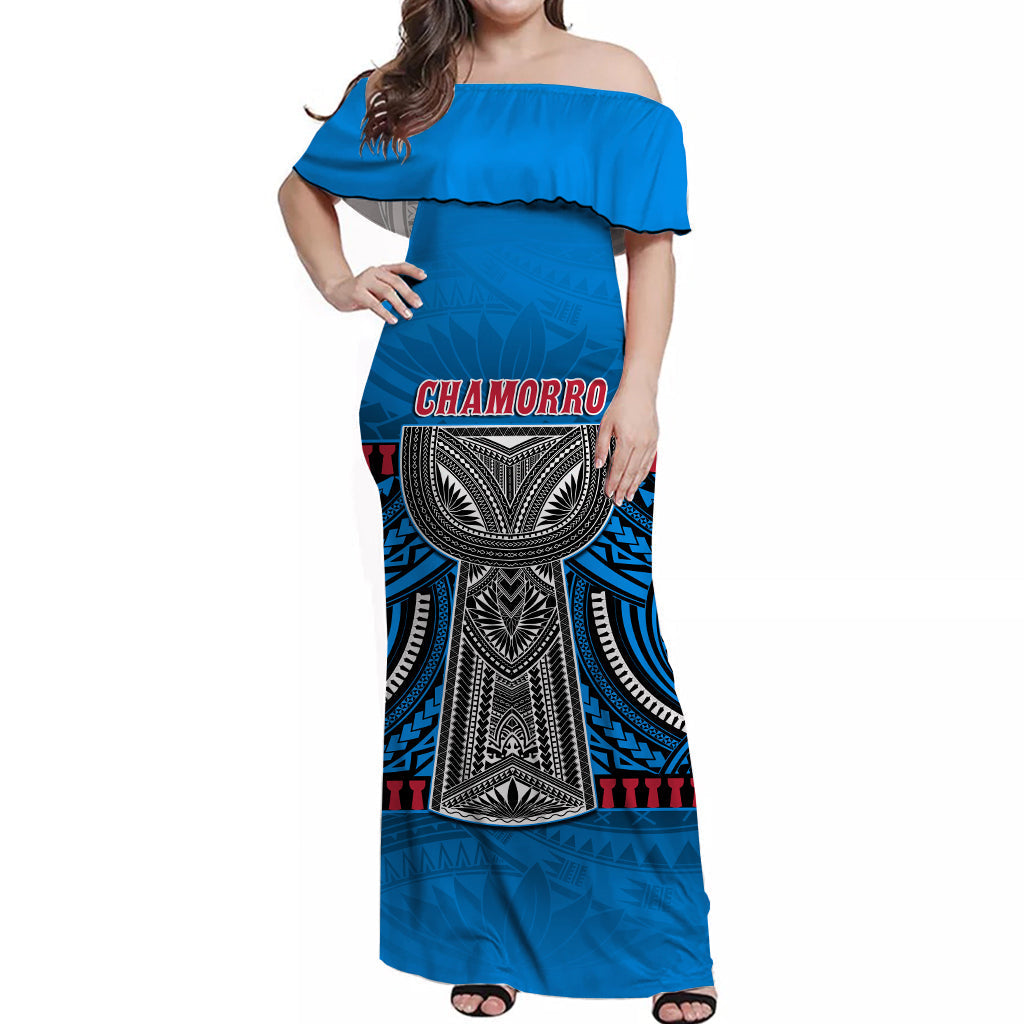 Custom Personalised Guam Chamorro Off Shoulder Long Dress Latte Stone Blue Polynesian Haligi