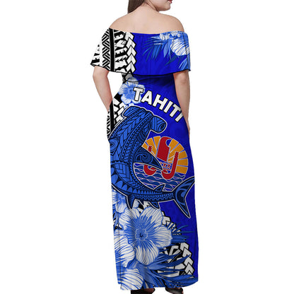 Tahiti Islands Off Shoulder Long Dress Polynesian Shark Mix Tropical Flowers Blue Style