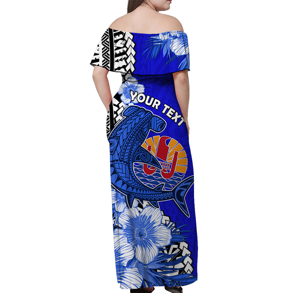 Custom Personalised Tahiti Islands Off Shoulder Long Dress Polynesian Shark Mix Tropical Flowers Blue Style
