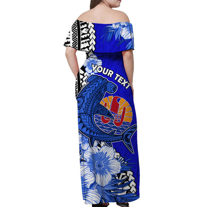 Custom Personalised Tahiti Islands Off Shoulder Long Dress Polynesian Shark Mix Tropical Flowers Blue Style
