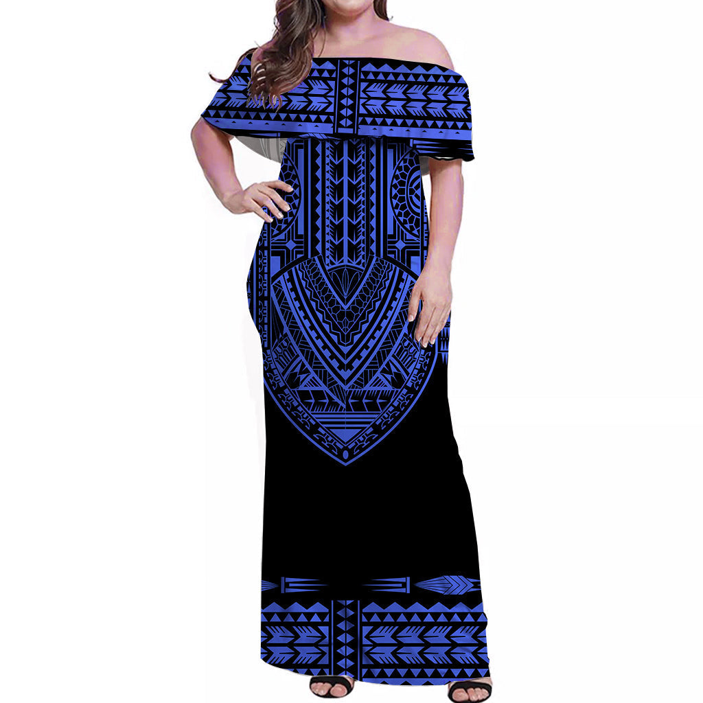 Custom Personalised Polynesian Off Shoulder Long Dress Dashiki With Polynesian Tattoo Royal Blue Version