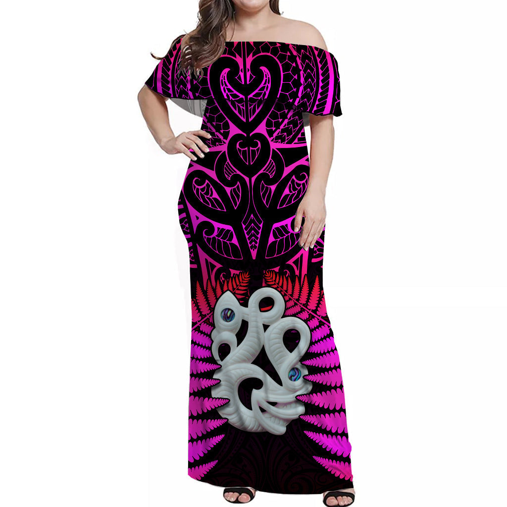 Aotearoa Fern Off Shoulder Long Dress New Zealand Hei Tiki Purple Style