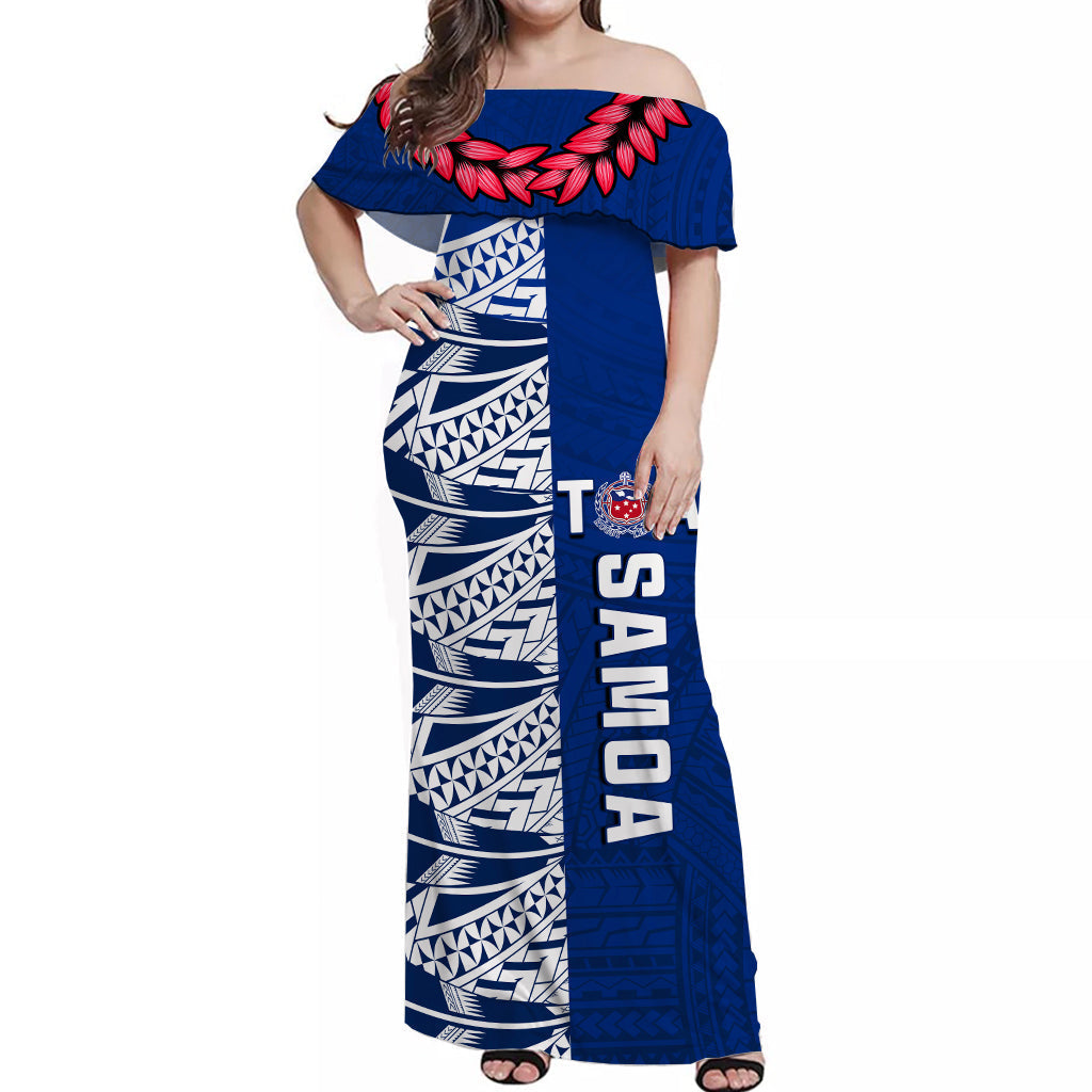Toa Samoa Rugby Off Shoulder Long Dress Siamupini Ula Fala Blue