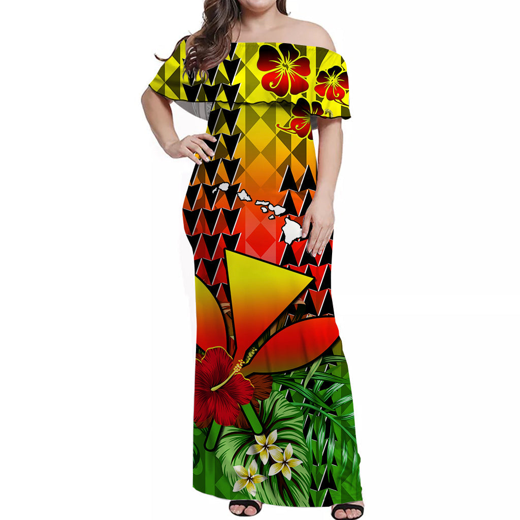Hawaii Flowers Off Shoulder Long Dress Color Tribal Pattern Hawaiian