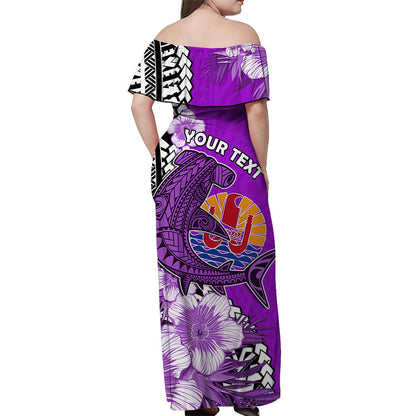 Custom Personalised Tahiti Islands Off Shoulder Long Dress Polynesian Shark Mix Tropical Flowers Purple Style