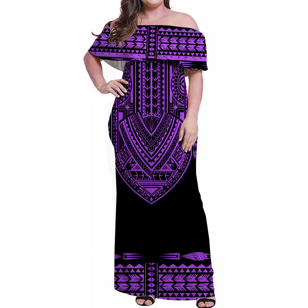 Custom Personalised Polynesian Off Shoulder Long Dress Dashiki With Polynesian Tattoo Royal Purple Version
