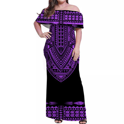Custom Personalised Polynesian Off Shoulder Long Dress Dashiki With Polynesian Tattoo Royal Purple Version