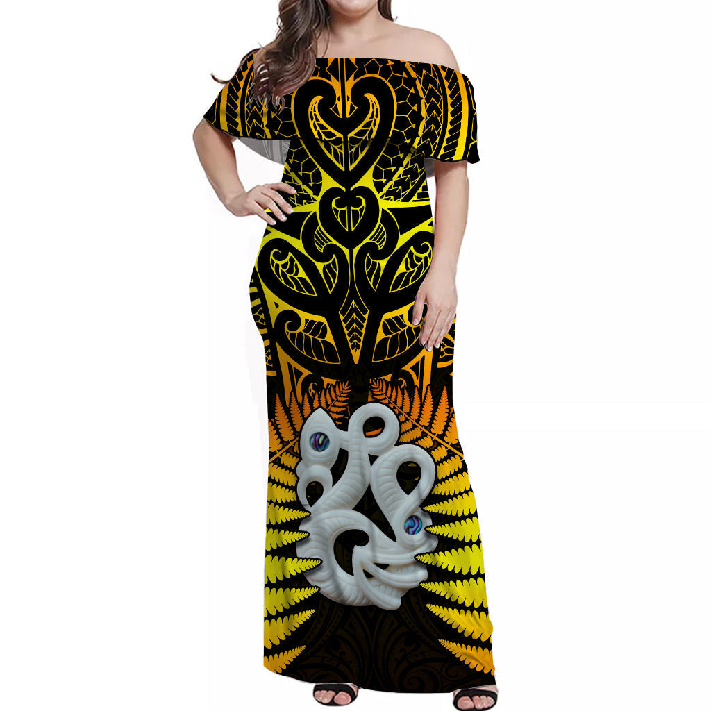 Aotearoa Fern Off Shoulder Long Dress New Zealand Hei Tiki Gold Style