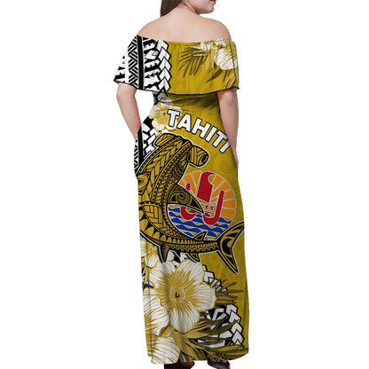 Tahiti Islands Off Shoulder Long Dress Polynesian Shark Mix Tropical Flowers Yellow Style