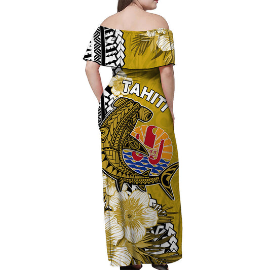 Tahiti Islands Off Shoulder Long Dress Polynesian Shark Mix Tropical Flowers Yellow Style
