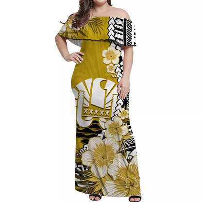 Tahiti Islands Off Shoulder Long Dress Polynesian Shark Mix Tropical Flowers Yellow Style