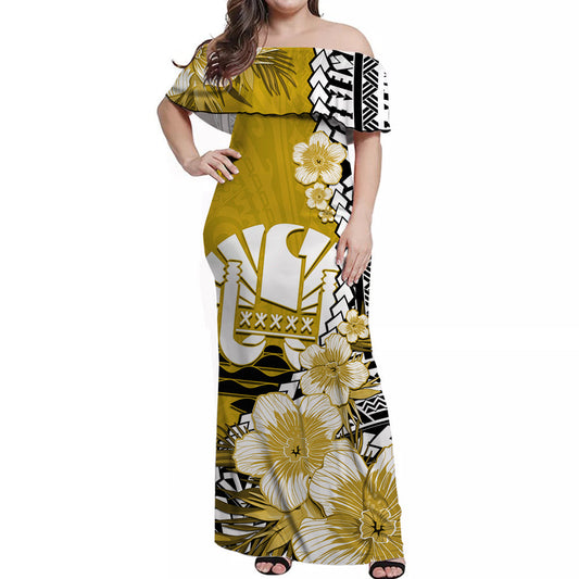 Tahiti Islands Off Shoulder Long Dress Polynesian Shark Mix Tropical Flowers Yellow Style