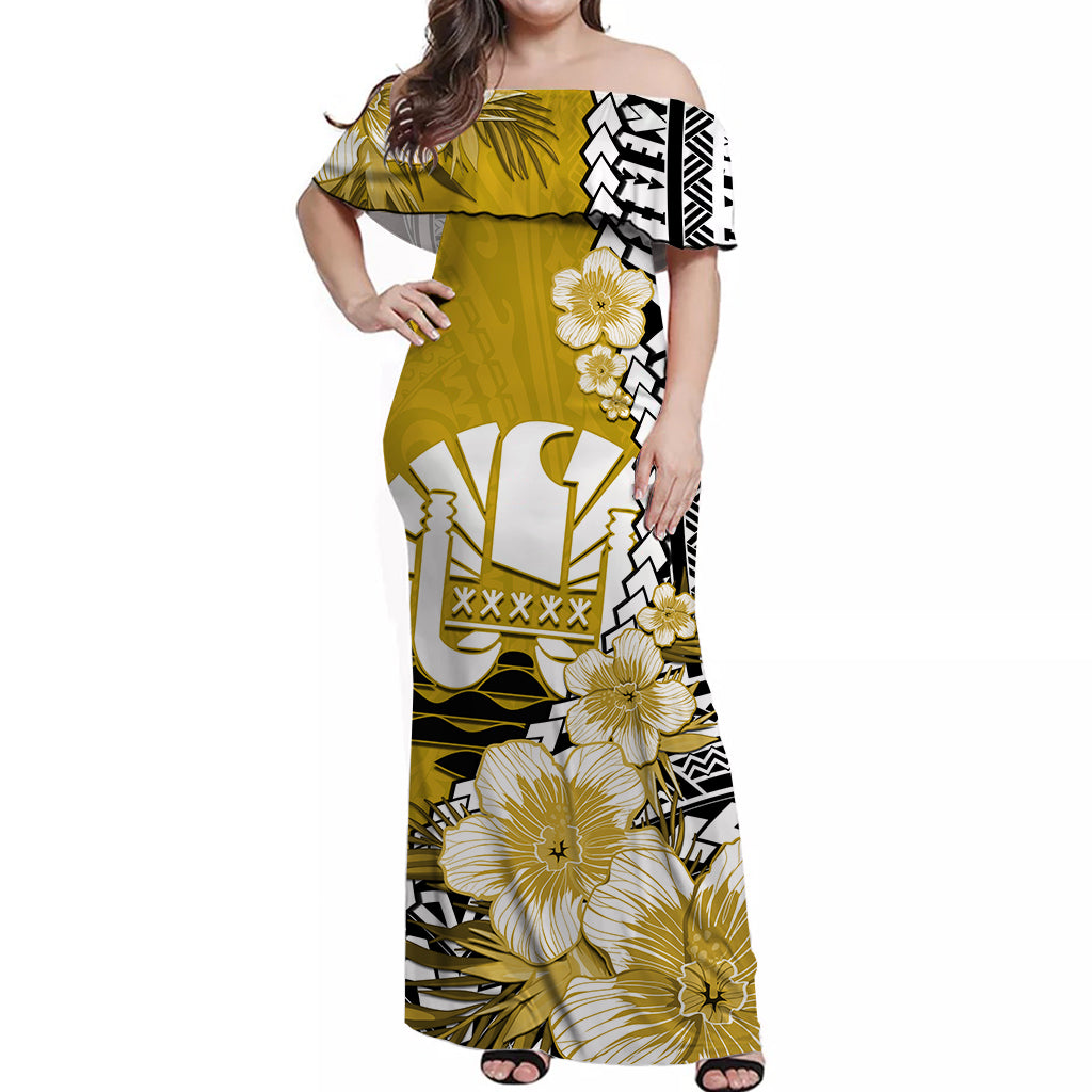 Custom Personalised Tahiti Islands Off Shoulder Long Dress Polynesian Shark Mix Tropical Flowers Yellow Style