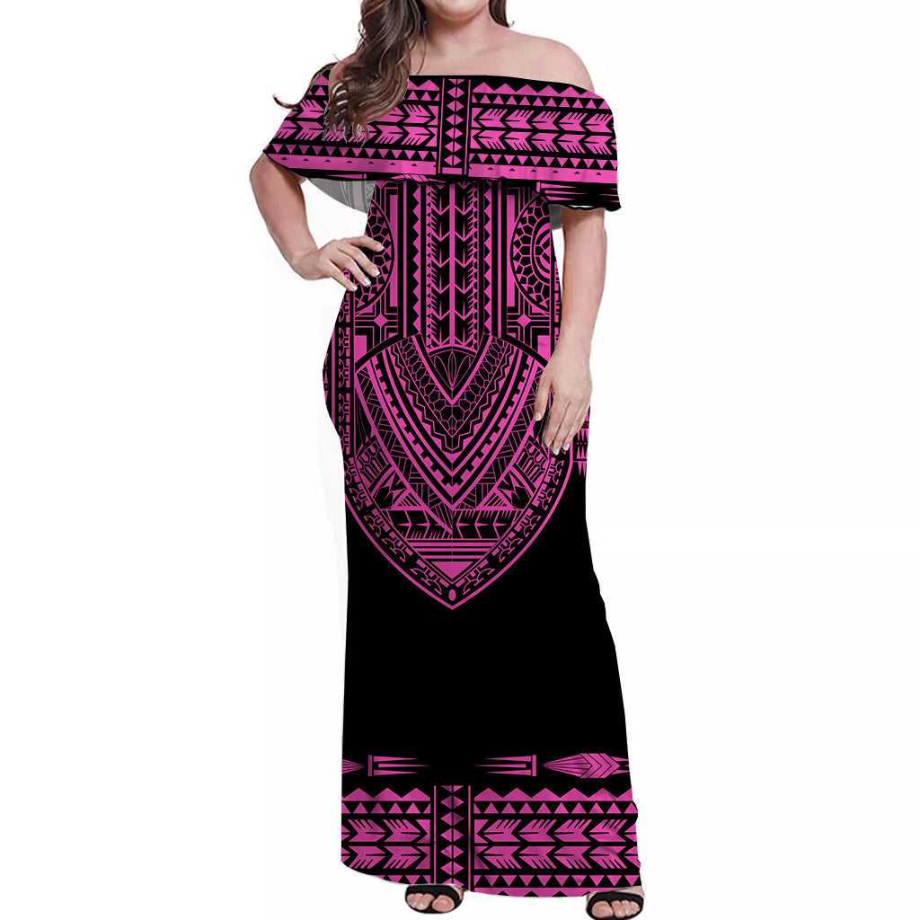 Custom Personalised Polynesian Off Shoulder Long Dress Dashiki With Polynesian Tattoo Royal Pink Version
