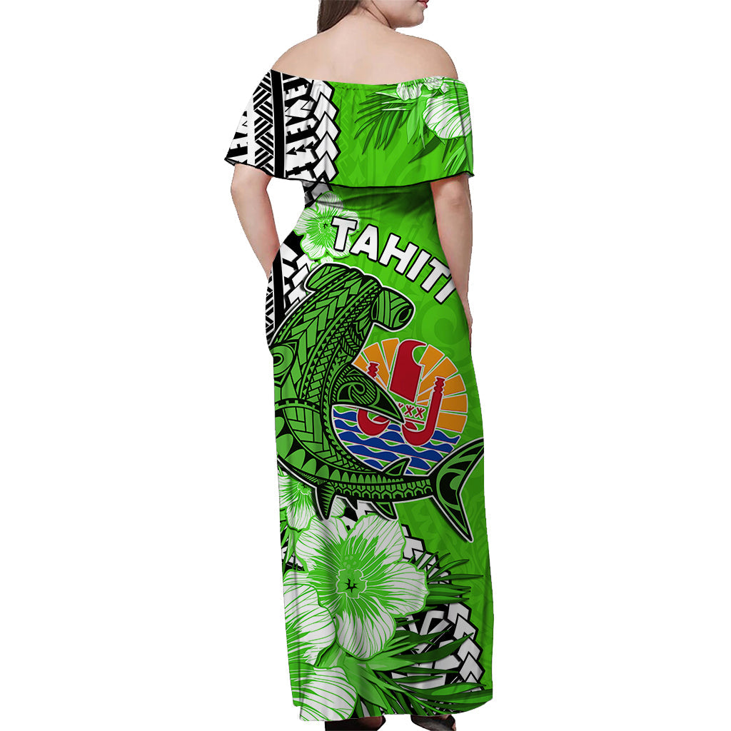 Tahiti Islands Off Shoulder Long Dress Polynesian Shark Mix Tropical Flowers Green Style