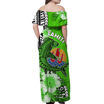 Tahiti Islands Off Shoulder Long Dress Polynesian Shark Mix Tropical Flowers Green Style