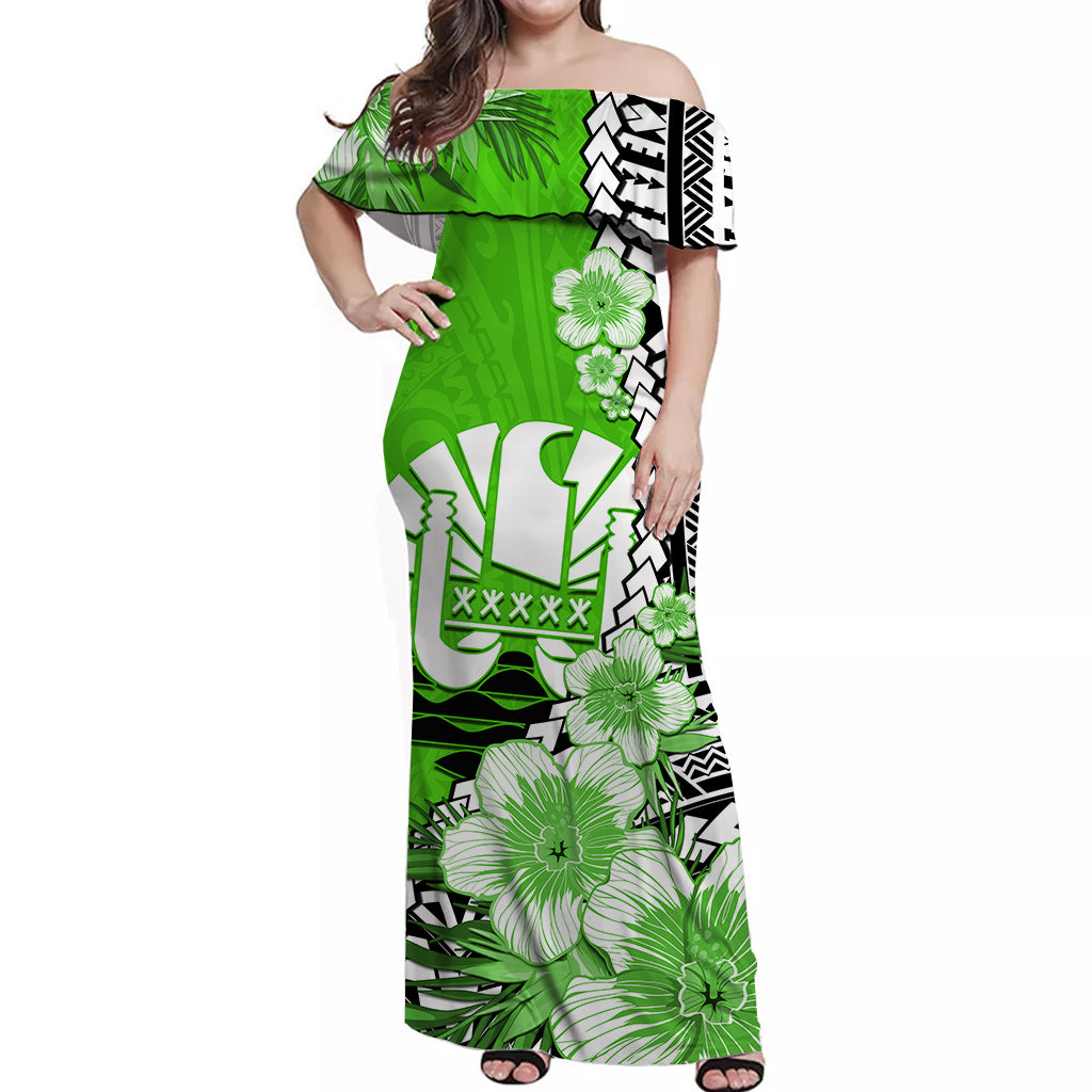 Custom Personalised Tahiti Islands Off Shoulder Long Dress Polynesian Shark Mix Tropical Flowers Green Style