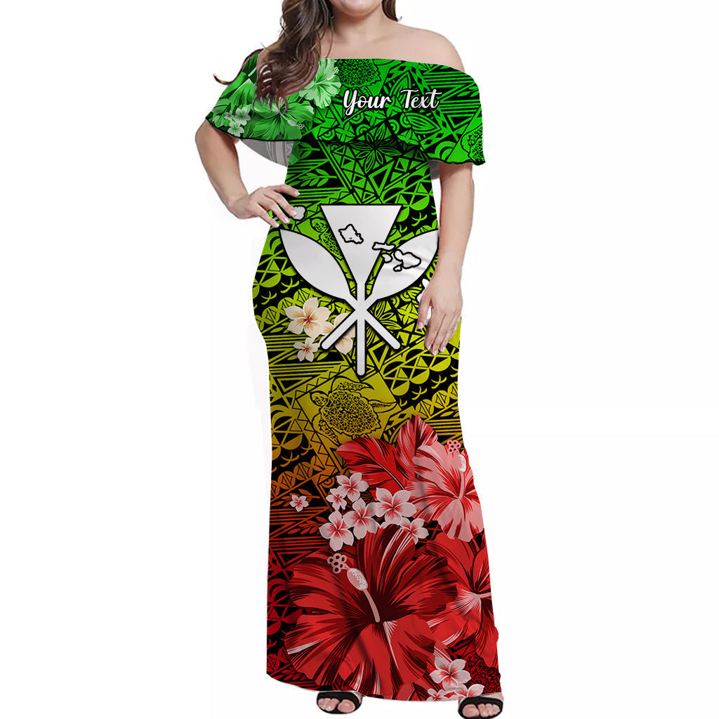Custom Personalised Hawaii Off Shoulder Long Dress Map and Turtle Reggae Flowers