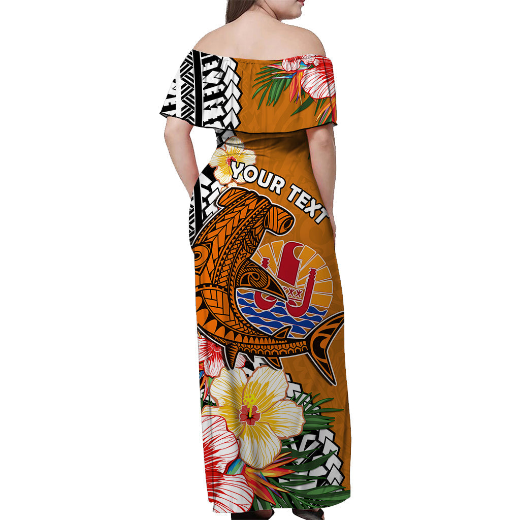 Custom Personalised Tahiti Islands Off Shoulder Long Dress Polynesian Shark Mix Tropical Flowers Orange Style
