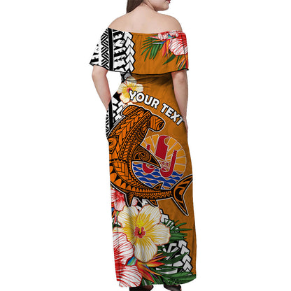 Custom Personalised Tahiti Islands Off Shoulder Long Dress Polynesian Shark Mix Tropical Flowers Orange Style