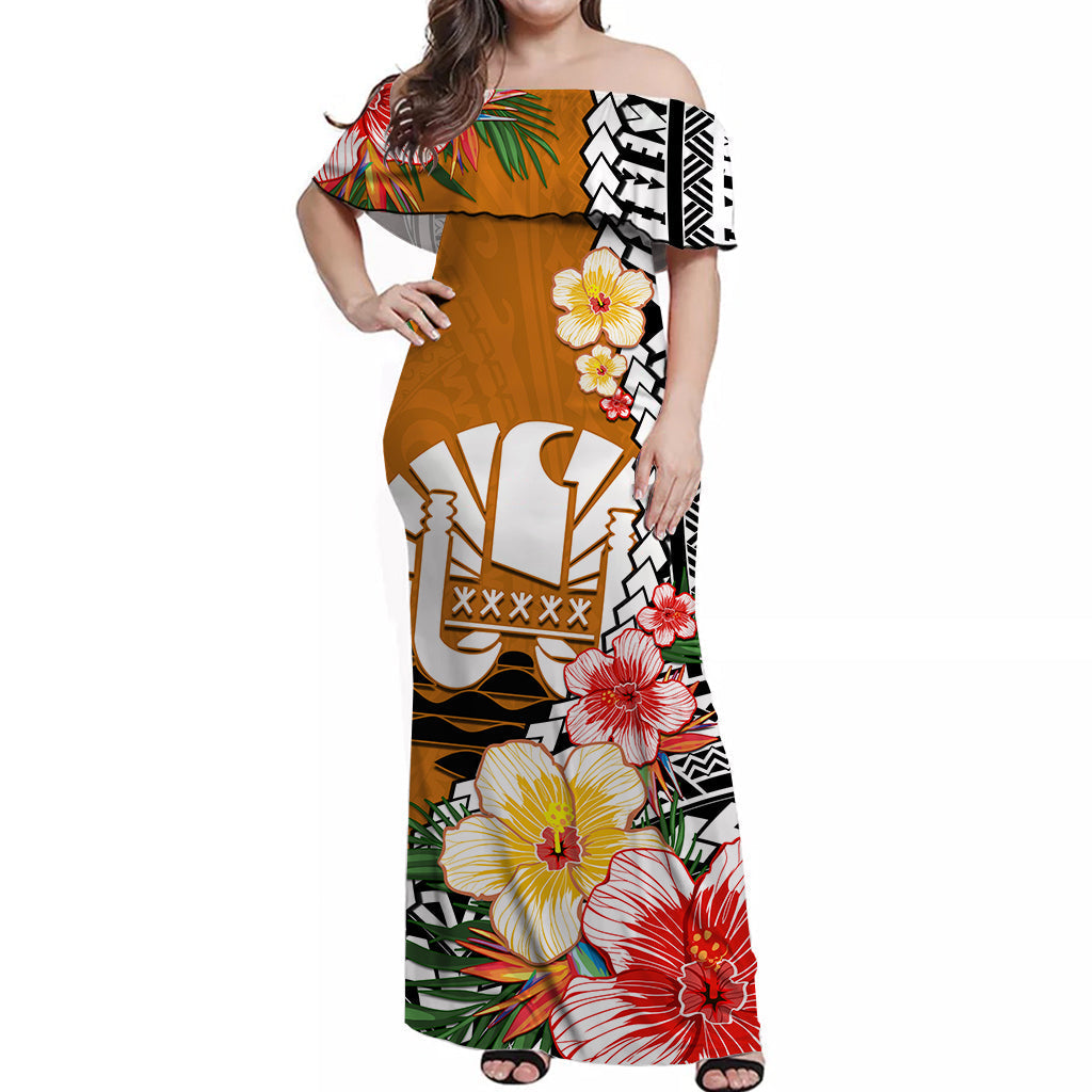 Tahiti Islands Off Shoulder Long Dress Polynesian Shark Mix Tropical Flowers Orange Style