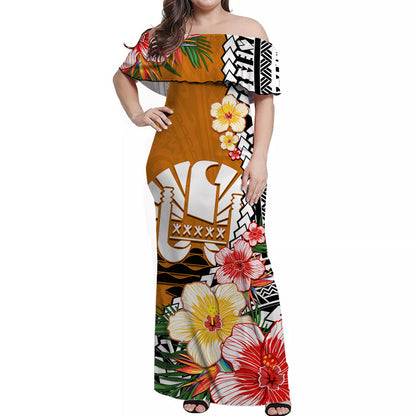 Custom Personalised Tahiti Islands Off Shoulder Long Dress Polynesian Shark Mix Tropical Flowers Orange Style