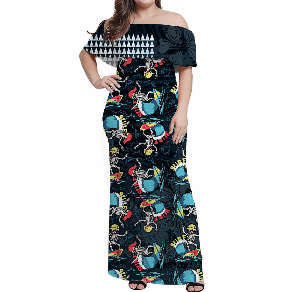 Hawaii Skeleton Surf Off Shoulder Long Dress Halloween Hawaiian Tribal