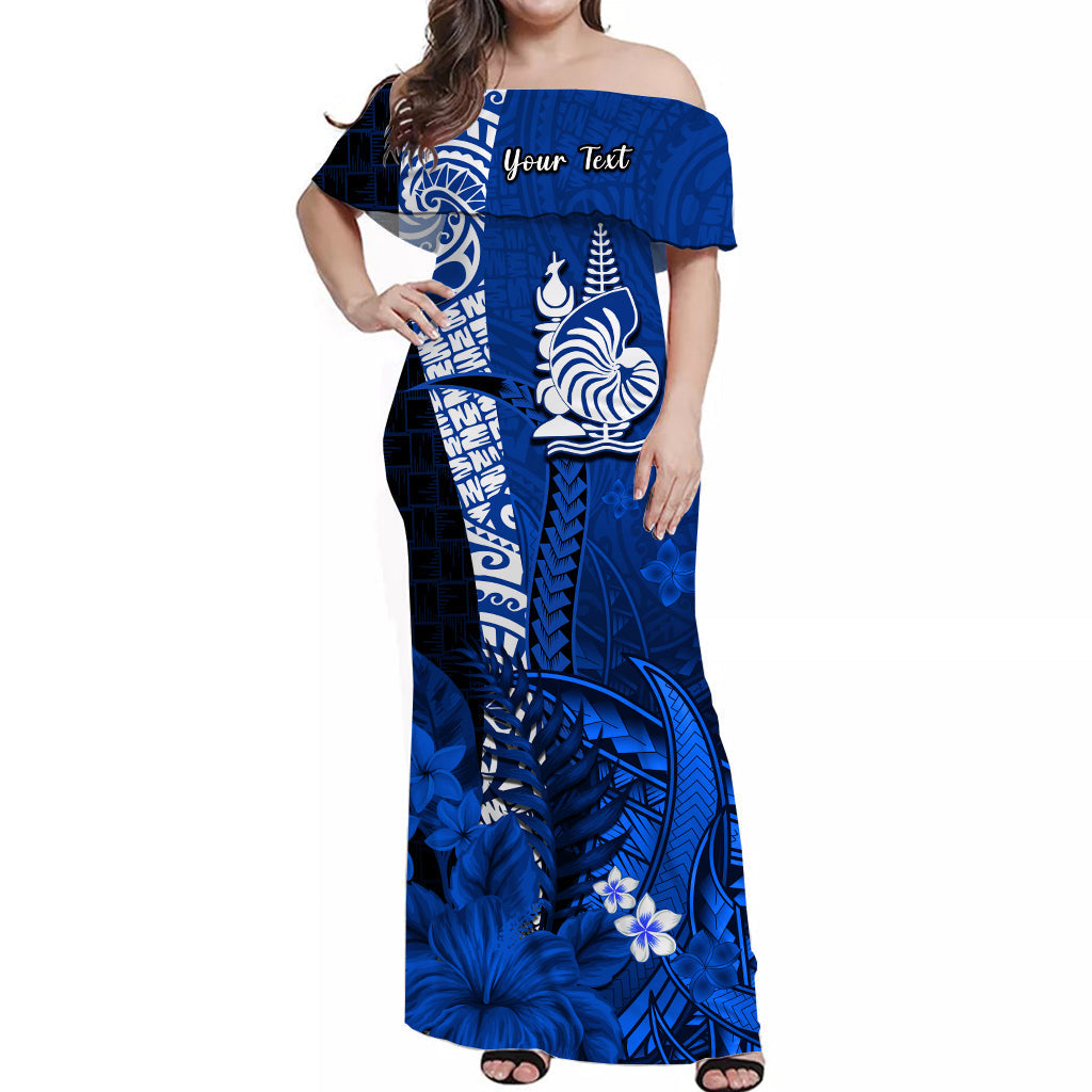 Custom Personalised New Caledonia Off Shoulder Long Dress Nautilus Blue Polynesian Hibiscus