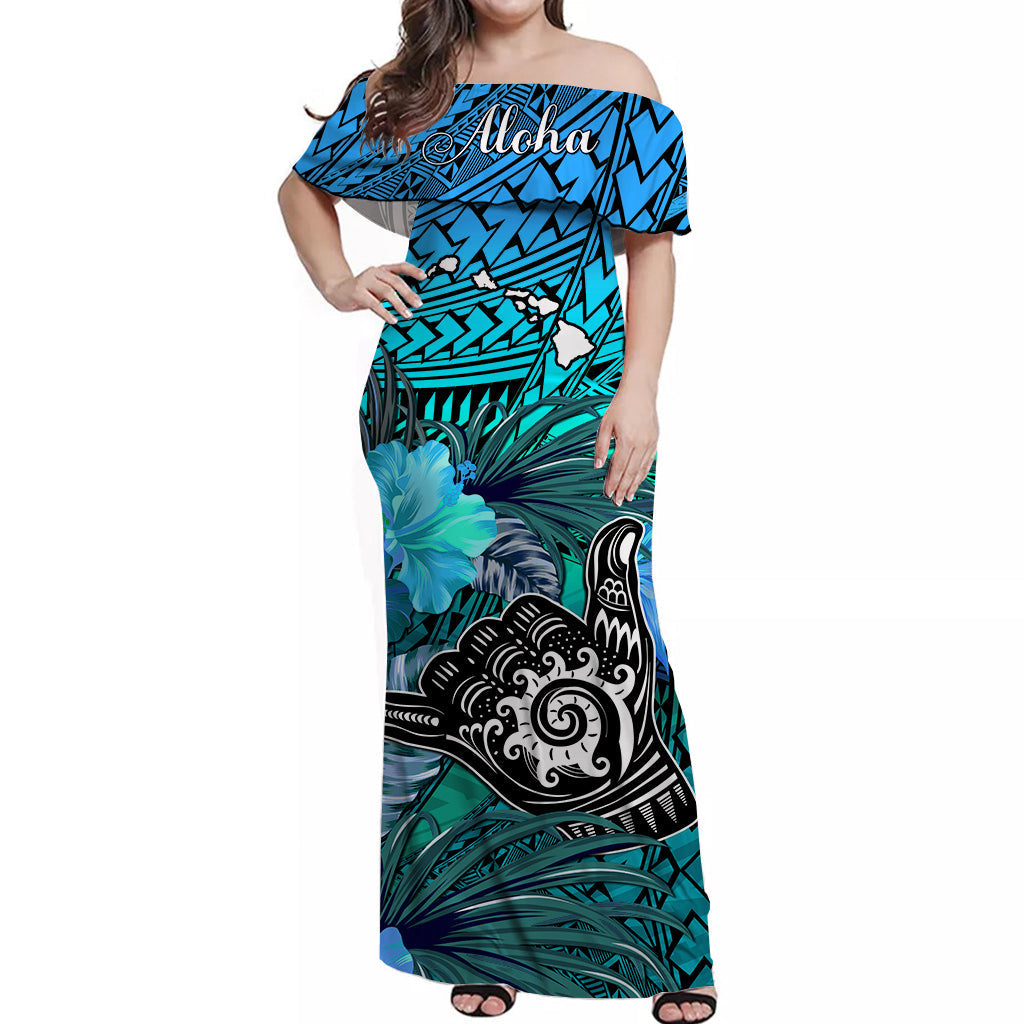 The Shaka Hawaii Off Shoulder Long Dress Tropical Flowers Blue Version