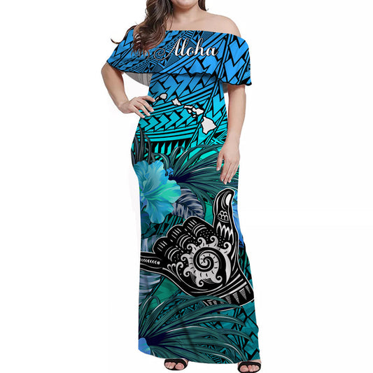 The Shaka Hawaii Off Shoulder Long Dress Tropical Flowers Blue Version