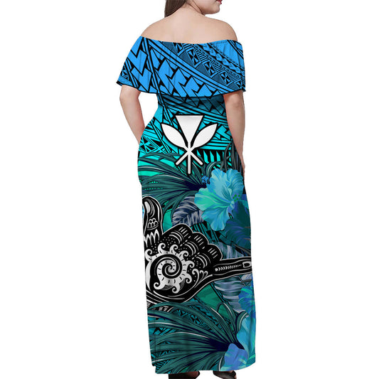 The Shaka Hawaii Off Shoulder Long Dress Tropical Flowers Blue Version