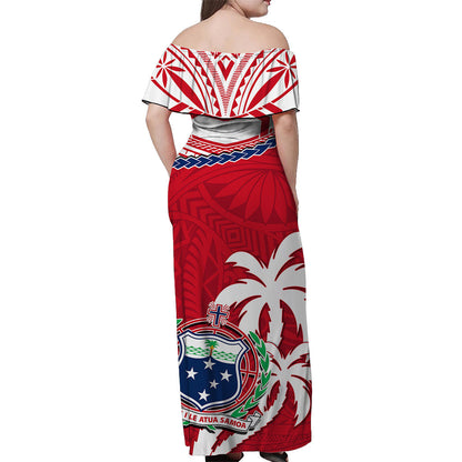 Samoa Off Shoulder Long Dress Samoan Coat Of Arms With Coconut Red Style