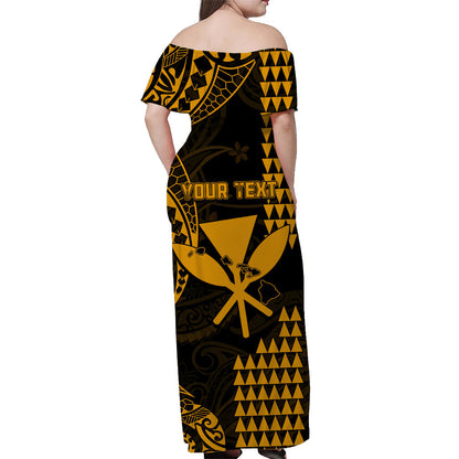Custom Personalised Hawaii Day Kakau Off Shoulder Long Dress Proud To Be Hawaiian Gold King Kamehameha and Kanaka Maoli