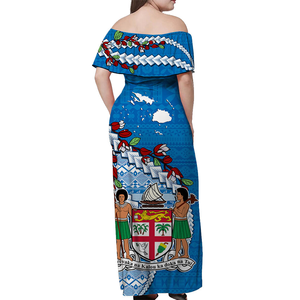 Fiji Off Shoulder Long Dress Fijian Drua Mix Tagimaucia Flower Blue Style
