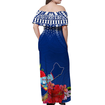 Custom Personalised Guam Chamorro Off Shoulder Long Dress Guaman Latte Stone Tropical Flowers Blue Version
