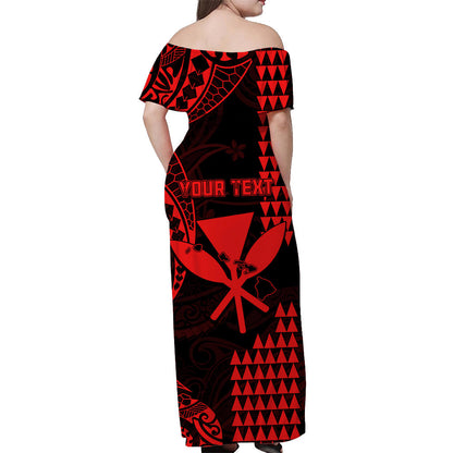 Custom Personalised Hawaii Day Kakau Off Shoulder Long Dress Proud To Be Hawaiian Red King Kamehameha and Kanaka Maoli