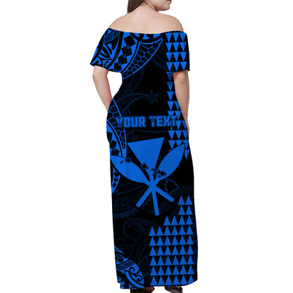 Custom Personalised Hawaii Day Kakau Off Shoulder Long Dress Proud To Be Hawaiian Blue King Kamehameha and Kanaka Maoli