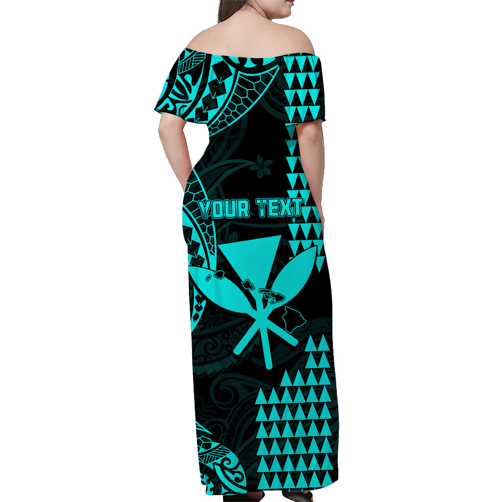 Custom Personalised Hawaii Day Kakau Off Shoulder Long Dress Proud To Be Hawaiian Turquoise King Kamehameha and Kanaka Maoli