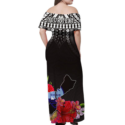 Custom Personalised Guam Chamorro Off Shoulder Long Dress Guaman Latte Stone Tropical Flowers Black Version