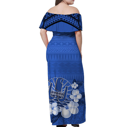 French Polynesia Off Shoulder Long Dress Happy Internal Autonomy Day Special Blue Version
