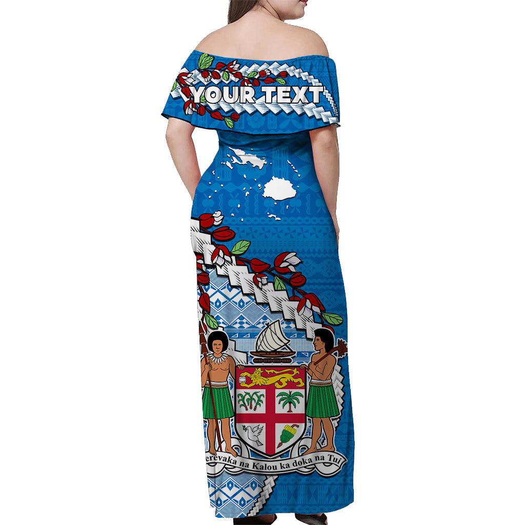 Custom Personalised Fiji Off Shoulder Long Dress Fijian Drua Mix Tagimaucia Flower Blue Style