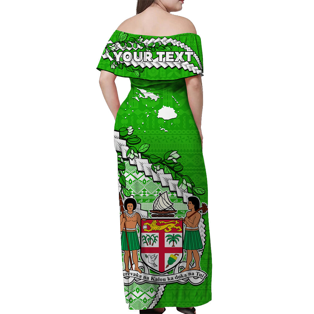 Custom Personalised Fiji Off Shoulder Long Dress Fijian Drua Mix Tagimaucia Flower Green Style