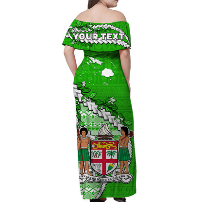 Custom Personalised Fiji Off Shoulder Long Dress Fijian Drua Mix Tagimaucia Flower Green Style