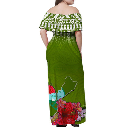 Custom Personalised Guam Chamorro Off Shoulder Long Dress Guaman Latte Stone Tropical Flowers Green Version