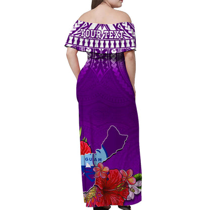 Custom Personalised Guam Chamorro Off Shoulder Long Dress Guaman Latte Stone Tropical Flowers Purple Version
