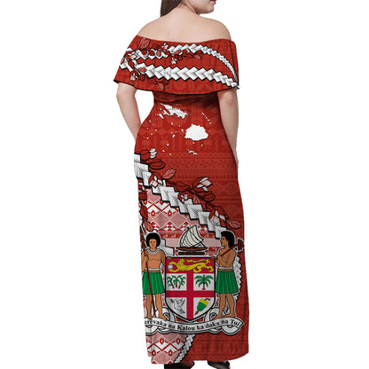 Fiji Off Shoulder Long Dress Fijian Drua Mix Tagimaucia Flower Red Style