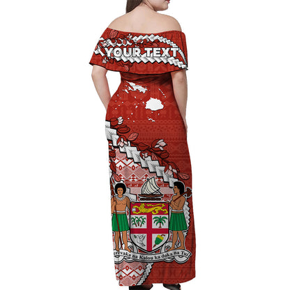 Custom Personalised Fiji Off Shoulder Long Dress Fijian Drua Mix Tagimaucia Flower Red Style