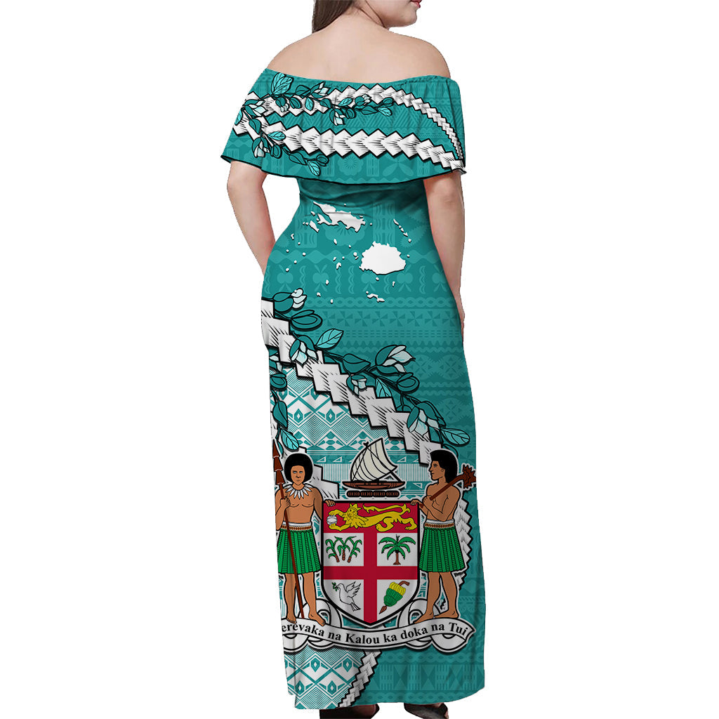 Fiji Off Shoulder Long Dress Fijian Drua Mix Tagimaucia Flower Turquoise Style
